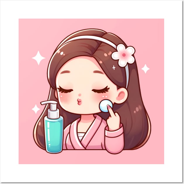 Girl applying skincare cute kawaii Wall Art by beangeerie